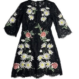 Floral‎ Embroidered Sheer Boho Hippie Black Dress Women S/M